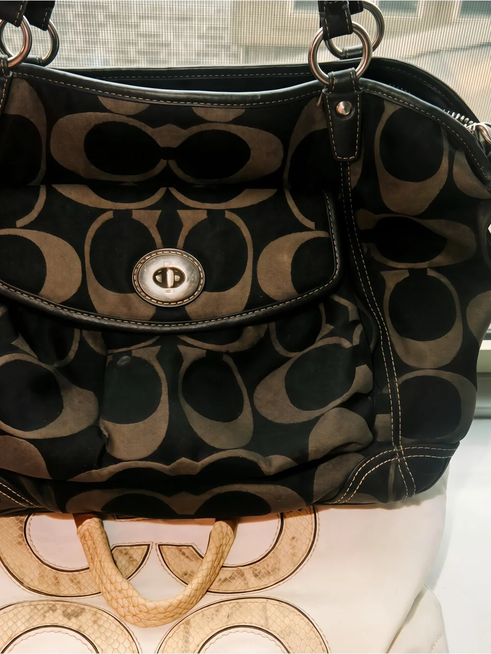 Coach Black and Tan Signature Shoulder Bag with Turn-Lock